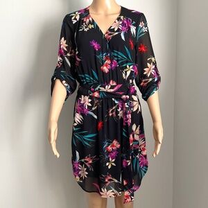 DR2 Black & Floral Faux-wrap Dress, Size S